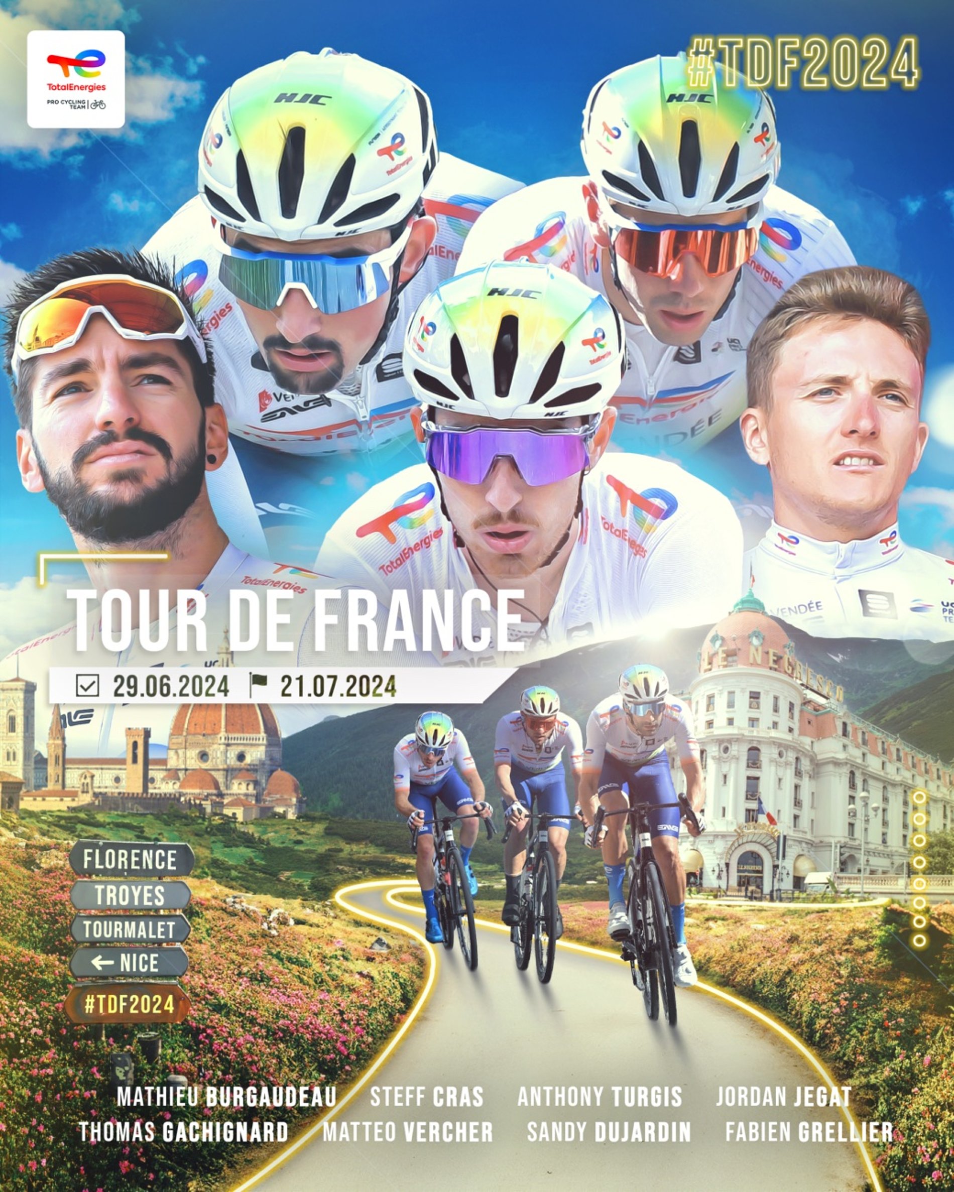 Tour de France 2024 (29/06/2024 - 21/07/2024) : le team TotalEnergies sera composé de Mathieu Burgaudeau, Steff Cras, Anthony Turgis, Jordan Jegat, Thomas Gachignard, Matteo Vercher, Sandy Dujardin, Fabien Grellier